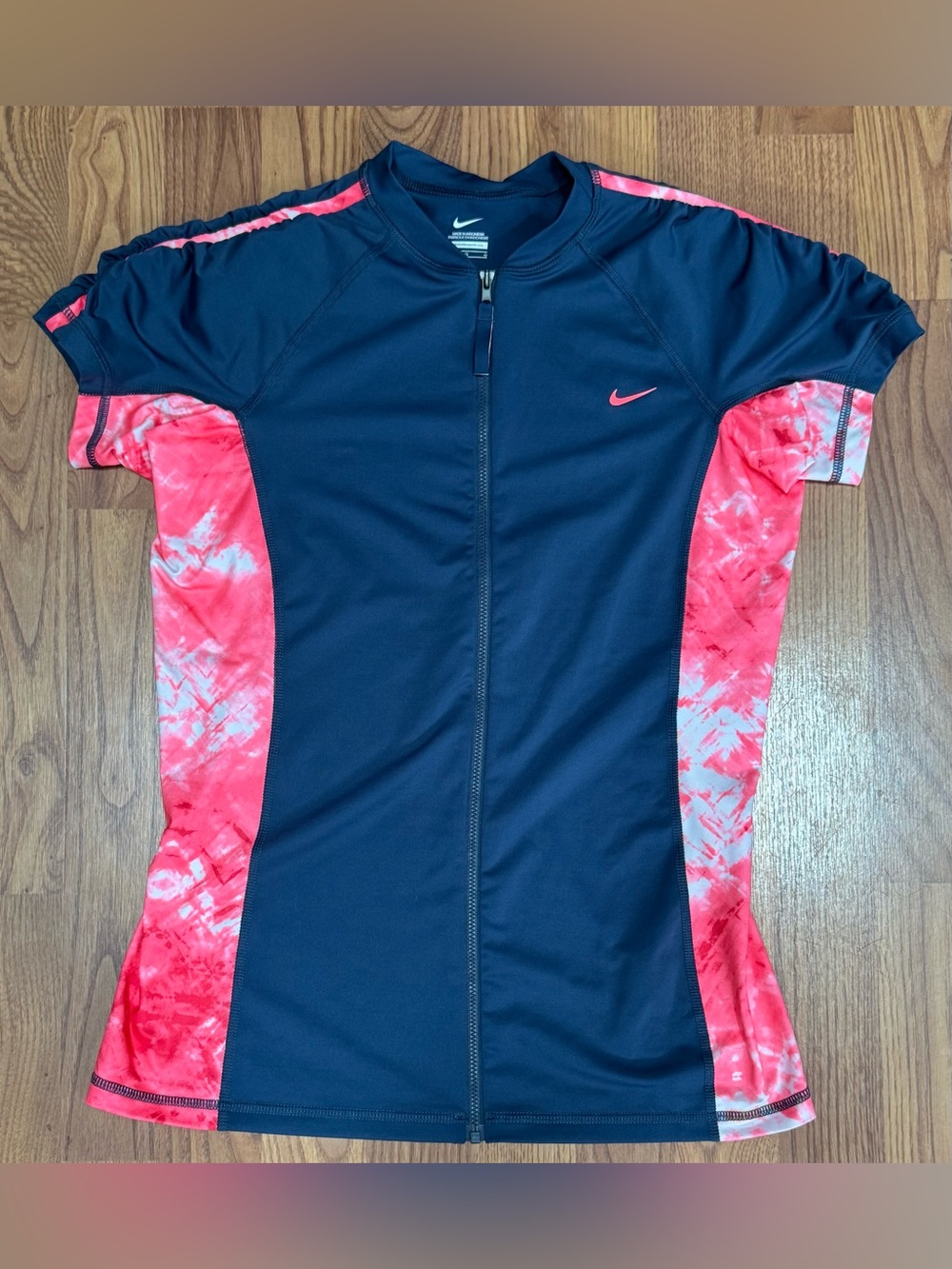 ❤️ Nike Black Coral Pink Zip-Front Athletic Bike Race Swim Top Shirt (B12)